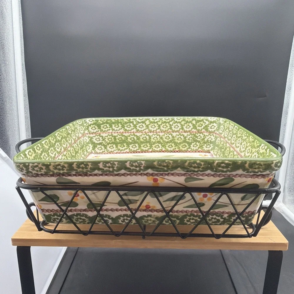 Temptations by Tara Old World Green 2 qt Square Casserole, Lid, Stand